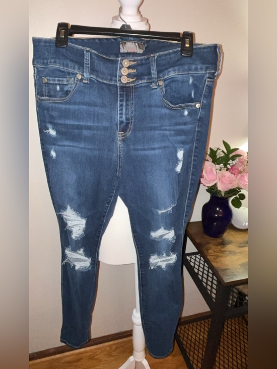 torrid Denim - torrid Distressed Skinny Jeans in Dark Blue Wash